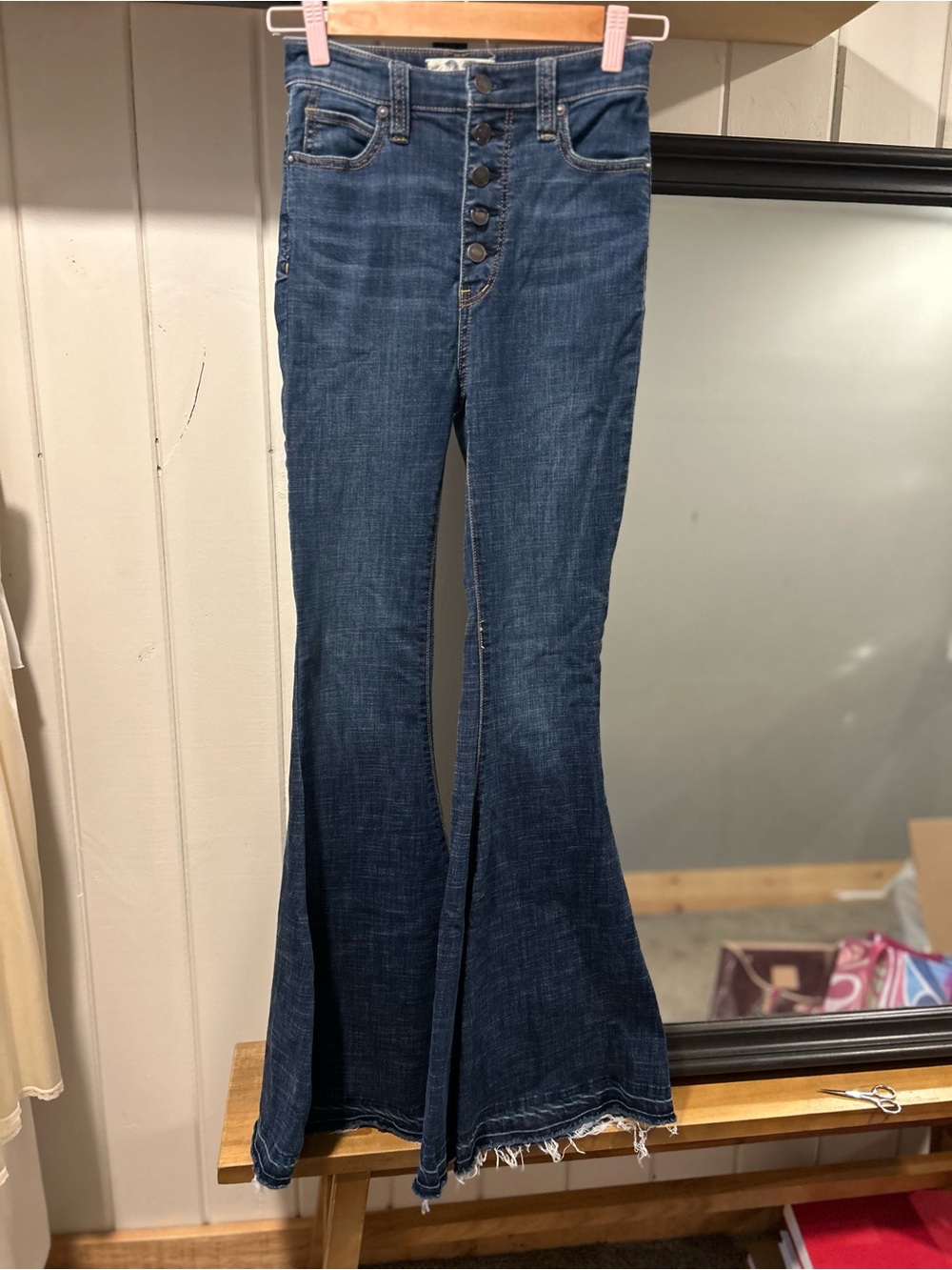 Free People Dark Blue High-Rise Bell Bottom‎ Button-Front Jeans